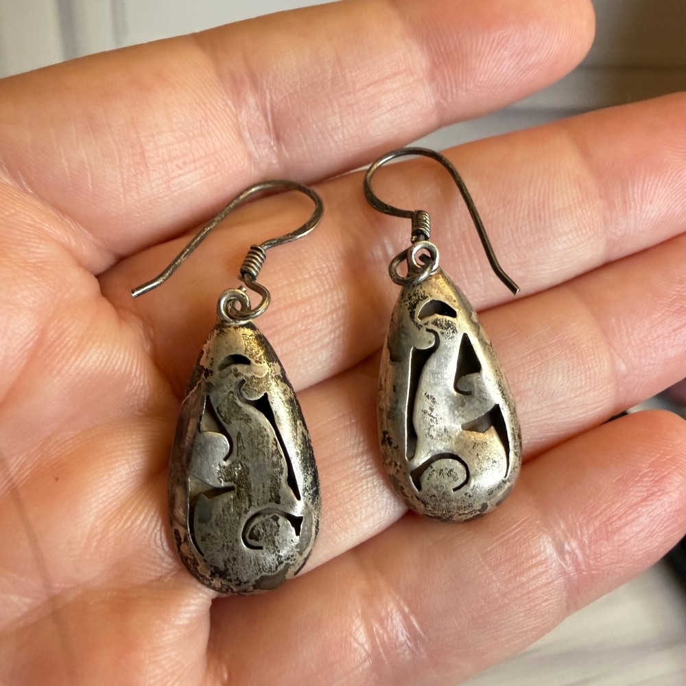 Vintage Mexico 925 Sterling Silver Teardrop Dangle Earrings Hook MCM Brutalist